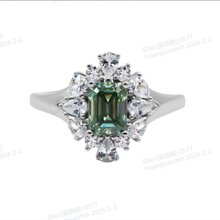 Radiant Cluster 1 Carat Emerald Cut Green Moissanite Ring